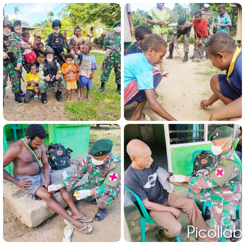 Pererat Silaturahmi dengan Warga, Satgas Raider 300/Bjw Laksanakan Patroli Kampung dan Pelayanan Kesehatan