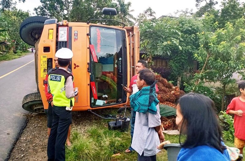 Diduga Beram Jalan Tidak Sanggup Menahan Beban, Mobil Truk Pengangkut Sawit Terjungkal di Angkola Barat